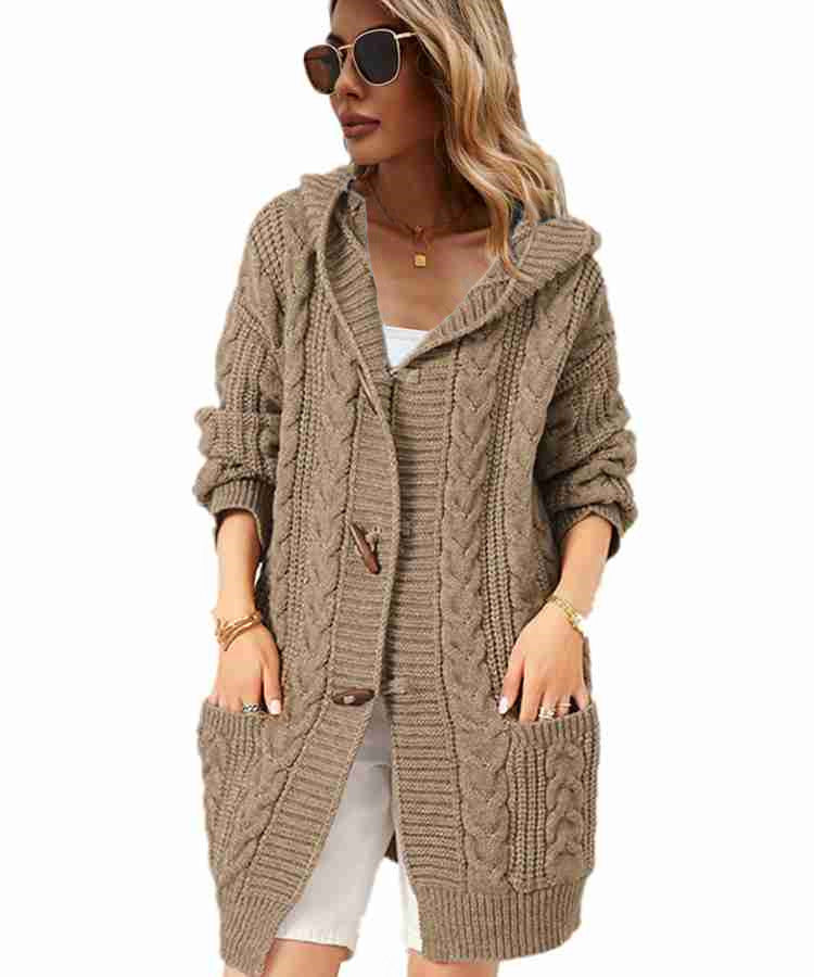 Damen Grobstrick Cardigan mit praktischen Taschen und kuscheliger Kapuze Drune