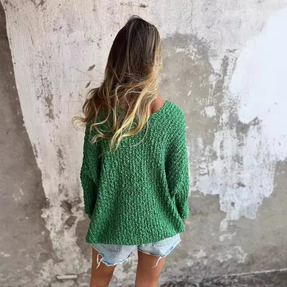 Damen Bequemes V-Ausschnitt Sweatshirt mit Struktur und langen Ärmeln Drune