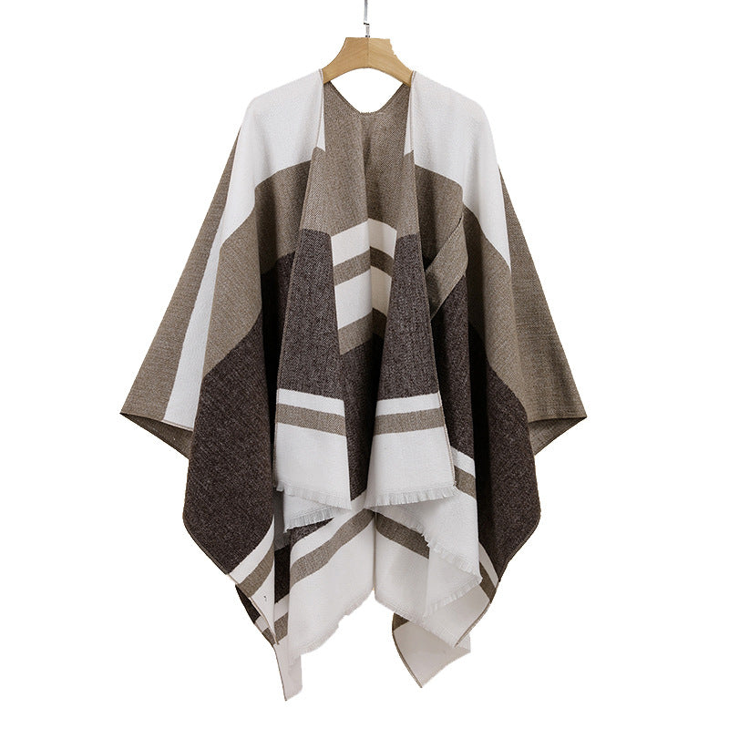 Damen Leichter Capeponcho aus Feinstrick mit geometrischem Blockstreifen-Design Drune