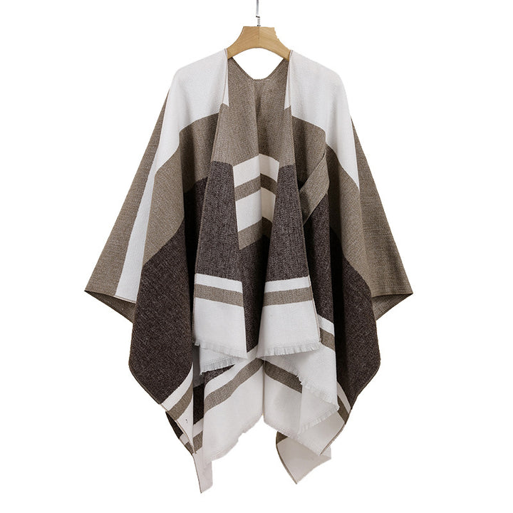 Damen Leichter Capeponcho aus Feinstrick mit geometrischem Blockstreifen-Design Drune