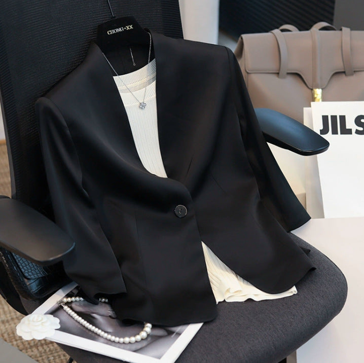 Damen Minimalistischer taillierter Einreihiger Blazer ohne Revers mit offener Kragenlinie Drune