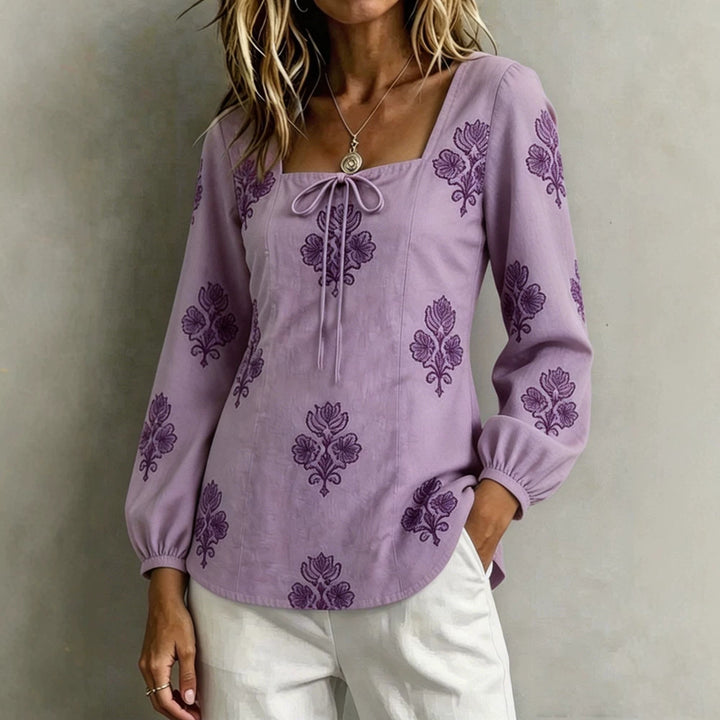 Damen Bestickte Tunika-Bluse mit quadratischem Ausschnitt und femininen Ballonärmeln Drune