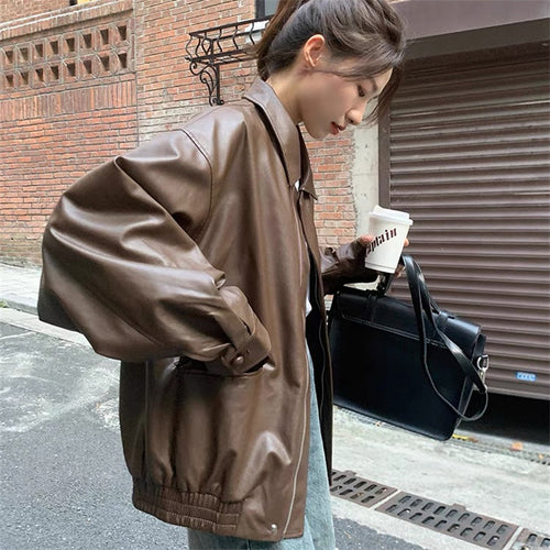 Damen Modische Lederjacke mit oversized Ärmeln und elastischem Saum Drune
