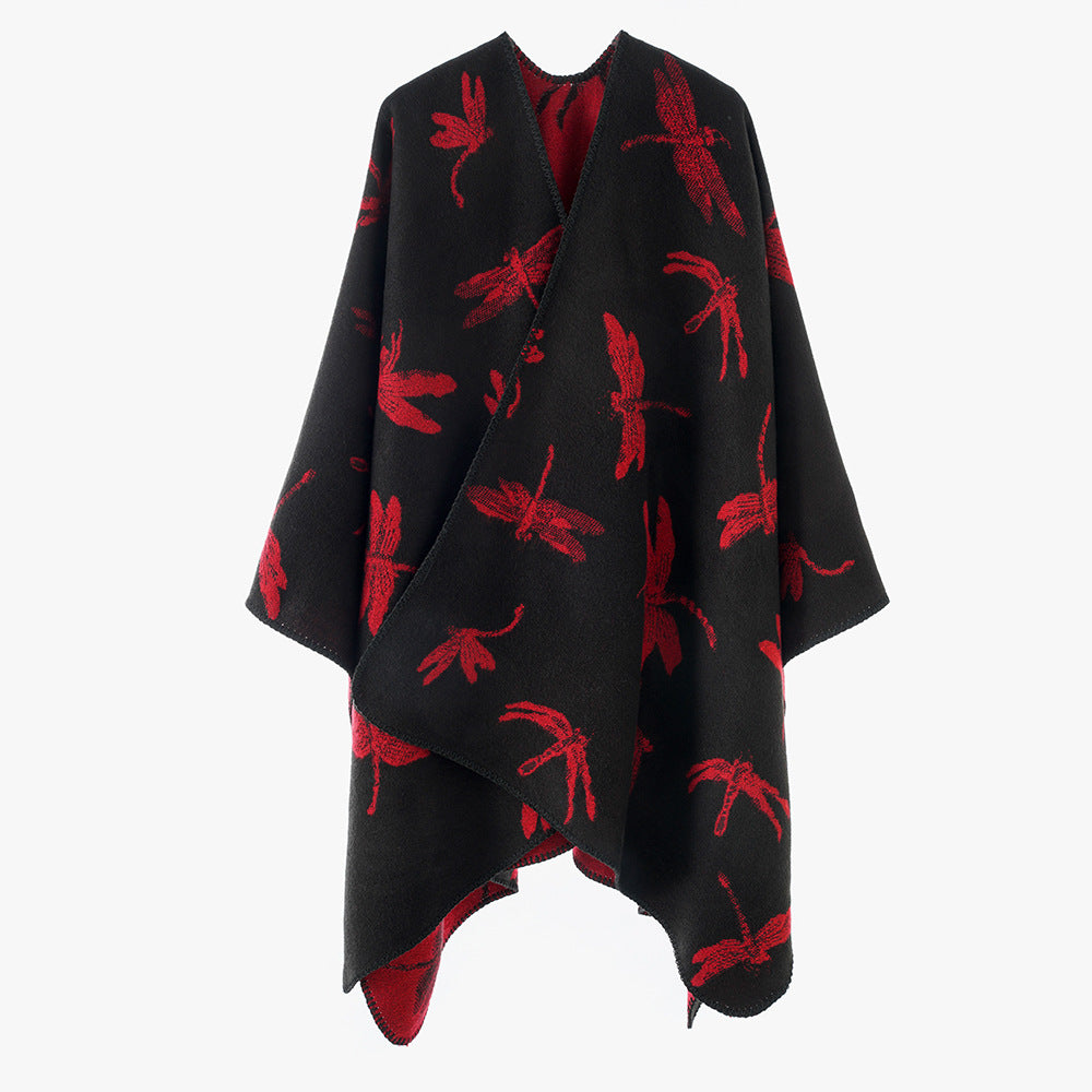 Damen Reversibler Cape-Poncho mit Libellen-Jacquard und feinem Saum Drune