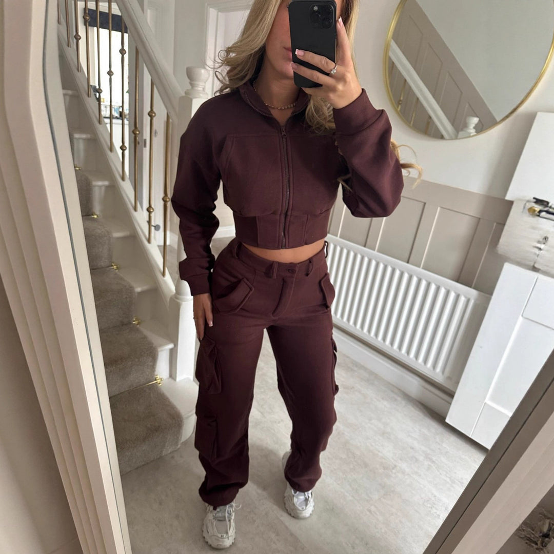 Damen modisches cropped Freizeit-Set mit funktionalem Reißverschluss und praktischen Taschen Drune