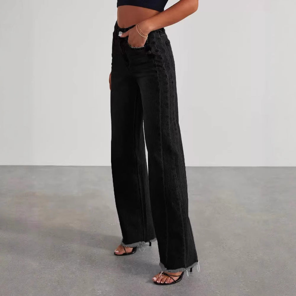 Damen Hochbund-Jeans mit weitem Bein und ausgefranstem Saum Drune