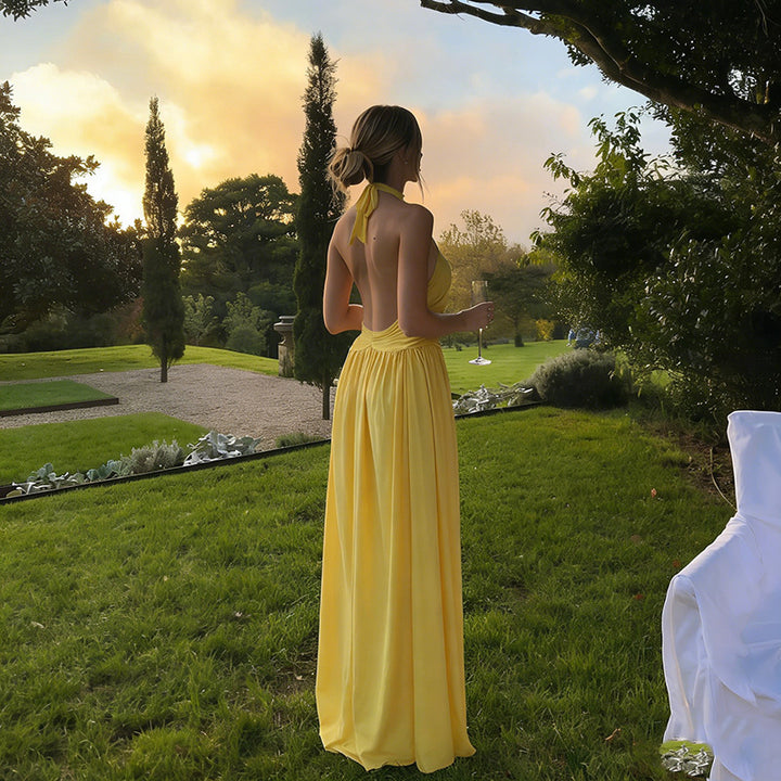 Damen elegantes Maxikleid mit hochgeschlossener Silhouette und fließendem Stoff Drune