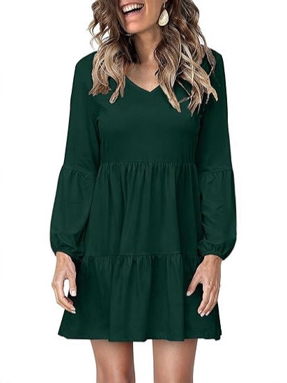 Damen Stufiges Mini-Kleid mit V-Ausschnitt und Ballonärmeln Drune