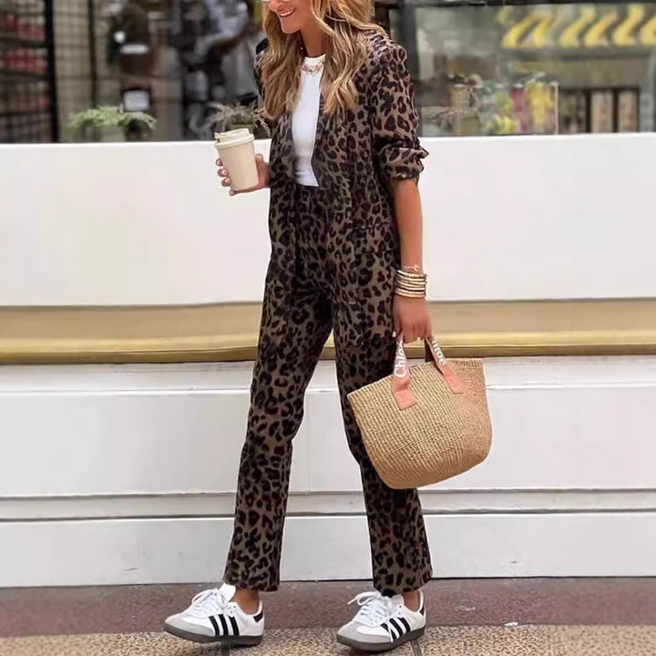 Damen elegantes Leinenanzug-Set im Leopardenmuster mit tailliertem Blazer und geraden Hose Drune