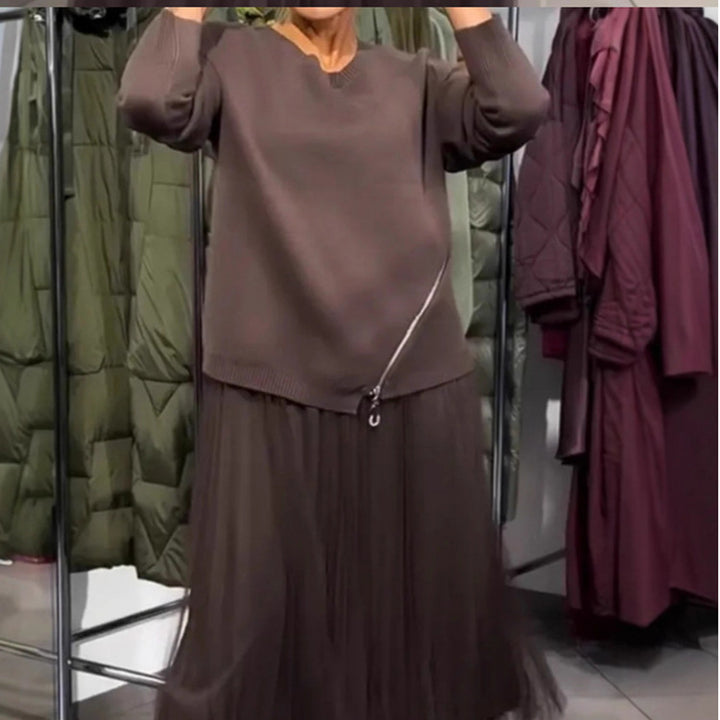 Damen Oversize Feinstrickpullover mit Seitenschlitzen, diagonalem Naht und schichtartigem Look Drune
