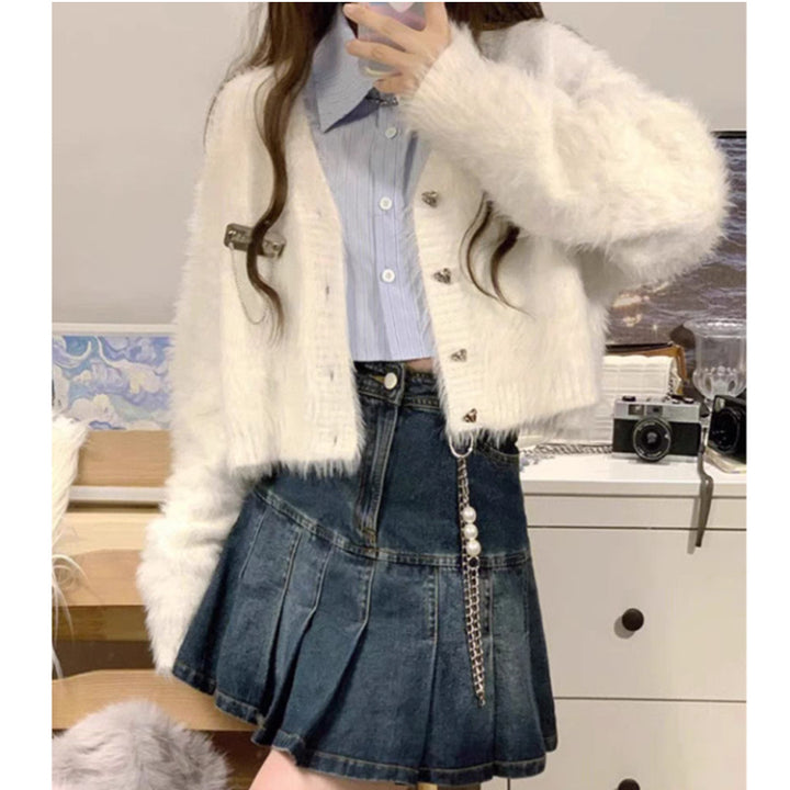 Damen flauschige Kurzjacke mit Knopfdesign und elegantem Schnitt Drune