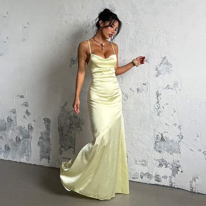 Damen Elegantes Maxikleid aus luxuriösem Satin mit verführerischem V-Ausschnitt Drune