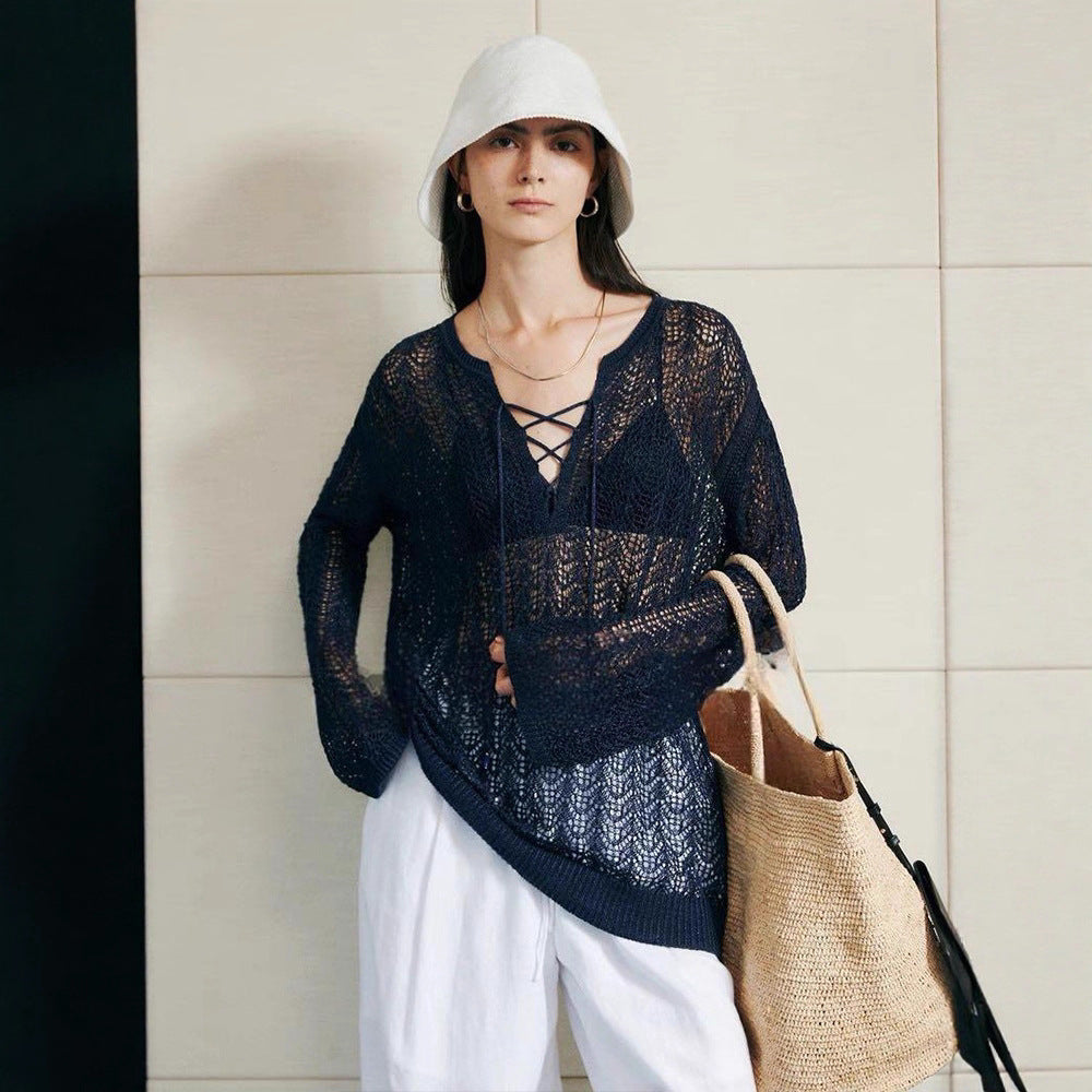 Damen luftiger Strickpulli mit raffiniertem Auschnitt Drune