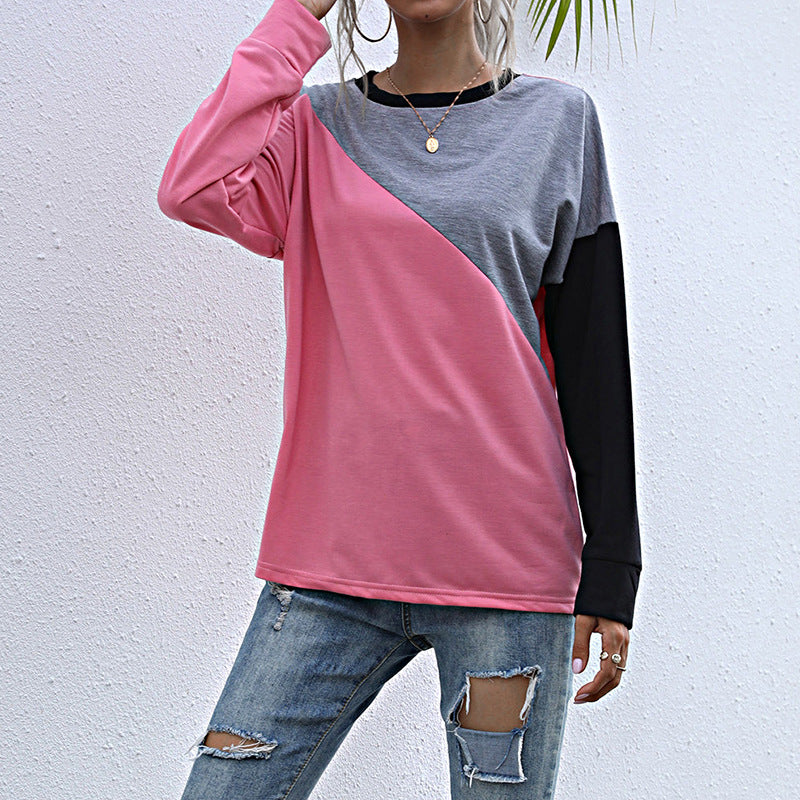 Damen Lässiges Colorblock-Sweatshirt mit diagonaler Teilung und Raglanärmeln Drune