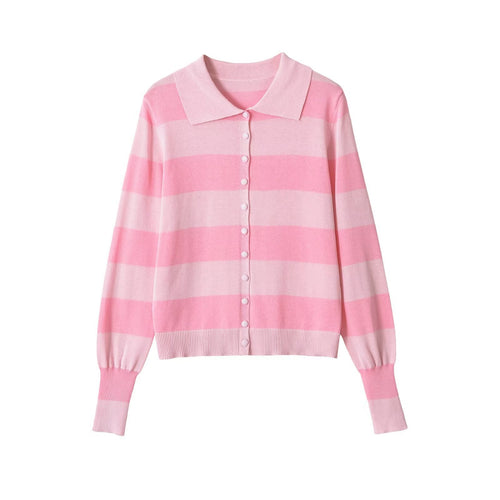 Damen Leichte gestreifte Strickjacke mit Polokragen und Knopfleiste Drune