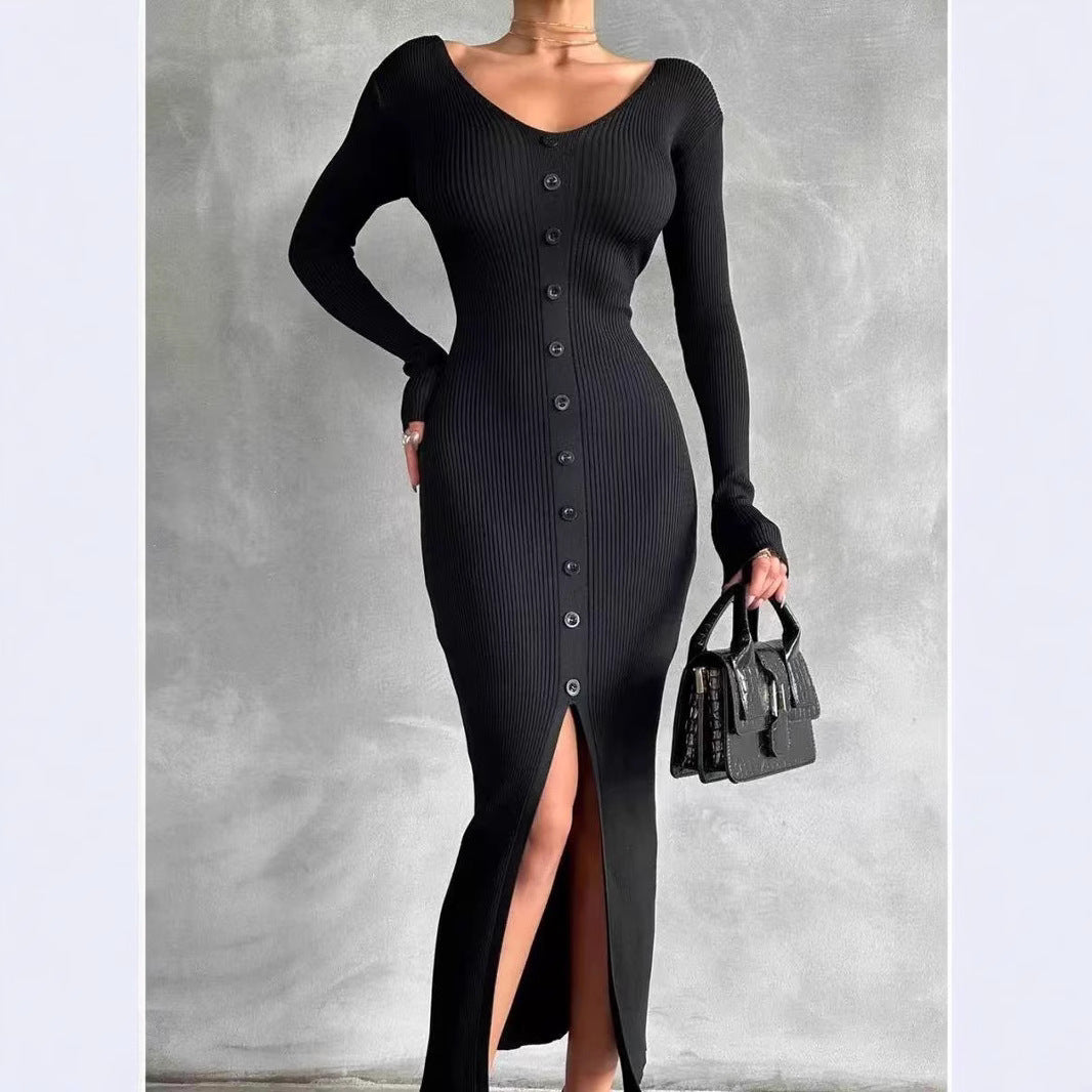 Damen Strickkleid mit fein strukturierter Rippoptik und eleganten Knopfdetails Drune