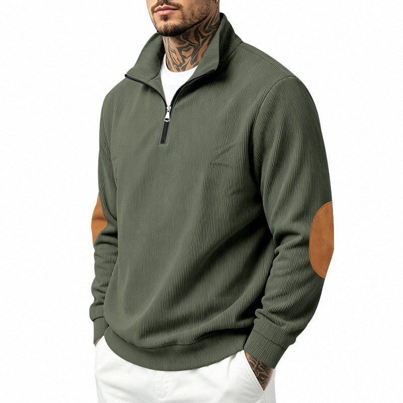 Herren Leichter Struktur-Halbzip-Pullover mit Cord‑Ellbogenpatches und Stehkragen Drune