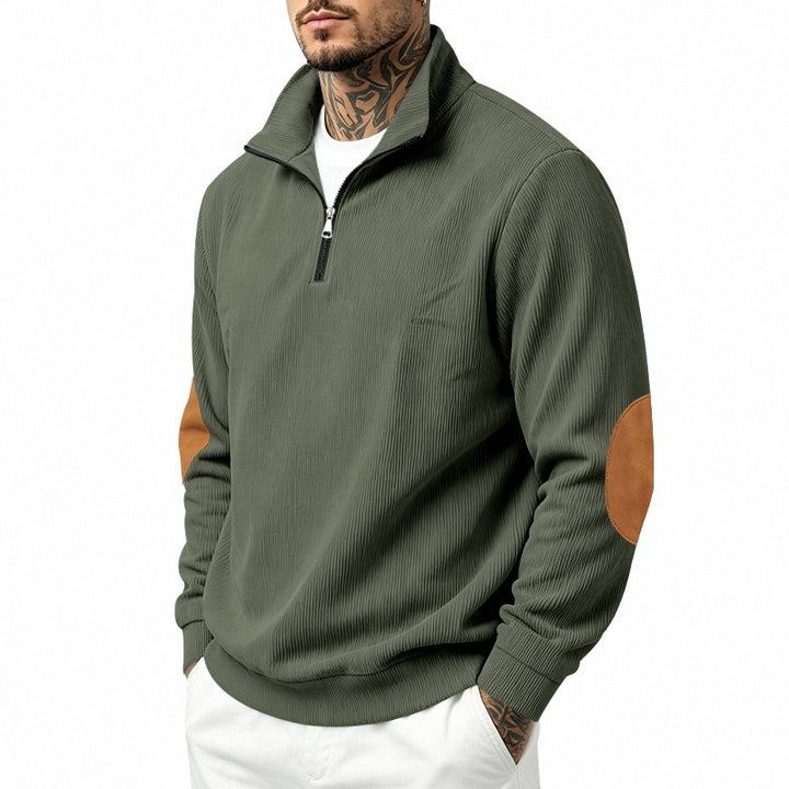 Herren Leichter Struktur-Halbzip-Pullover mit Cord‑Ellbogenpatches und Stehkragen Drune