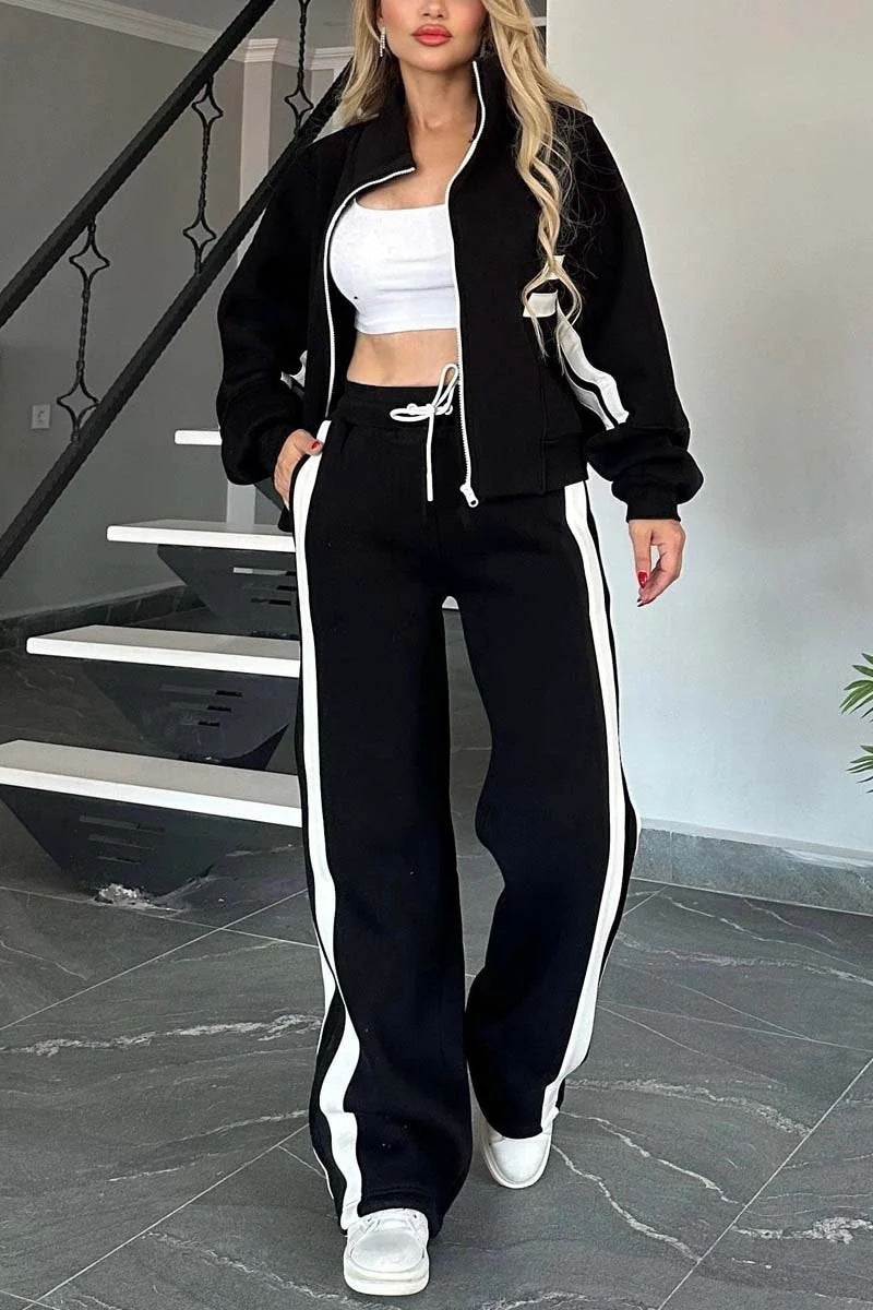 Drune | Gestreifte Zip up Cropped Sweatshirtjacke und Sporthose Zwei Teile Satz
