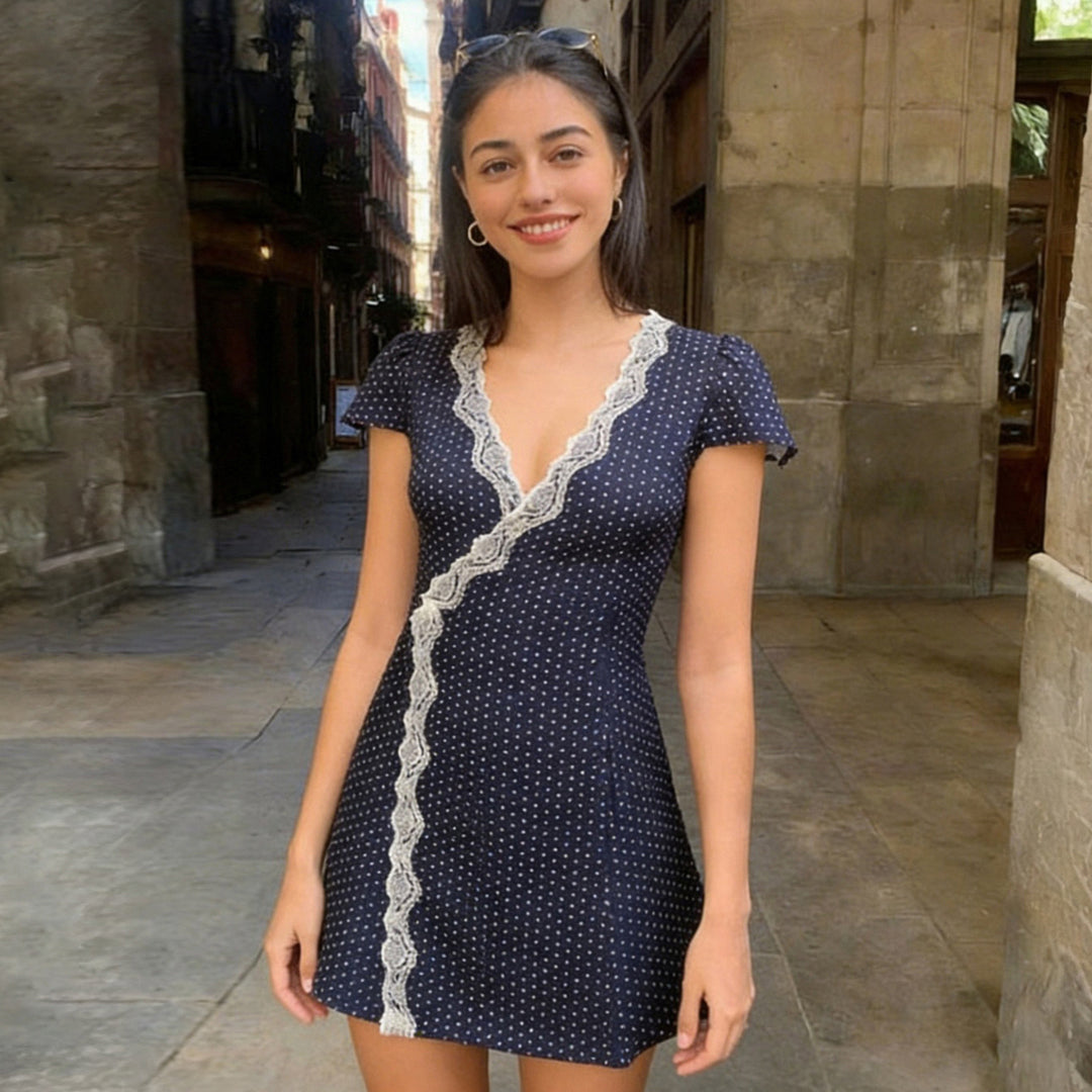 Damen Polka Dot Wickelkleid mit Spitzenakzenten Drune