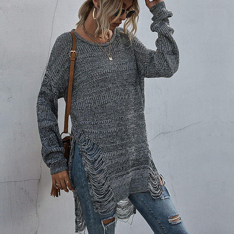 Damen Lässiger Strickpullover mit Fransen Drune