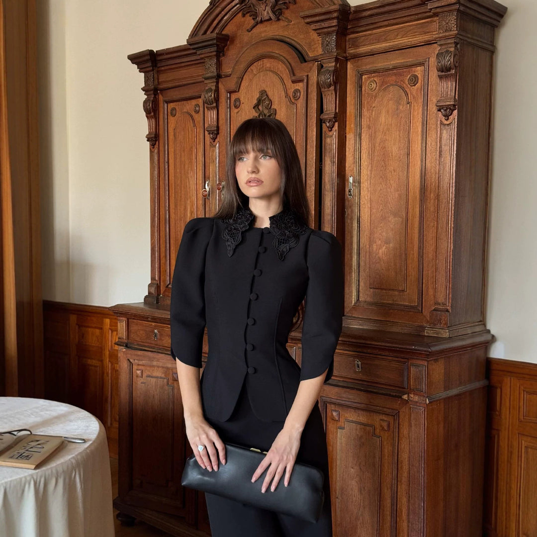 Damen Taillierter Blazer mit besticktem Schalkragen und Puffärmeln Drune