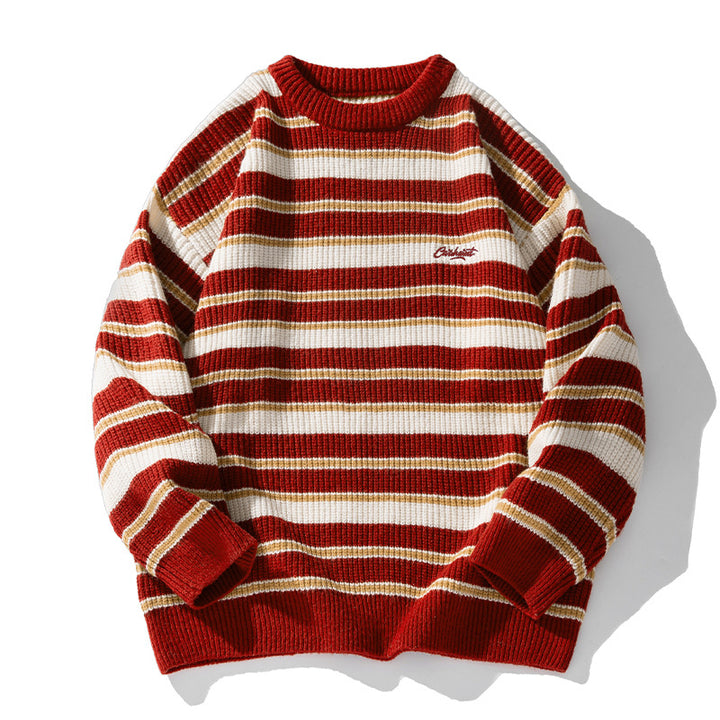 Unisex Gestreifter Grobstrick-Pullover mit Rundhalsausschnitt und Relaxed‑Fit Drune