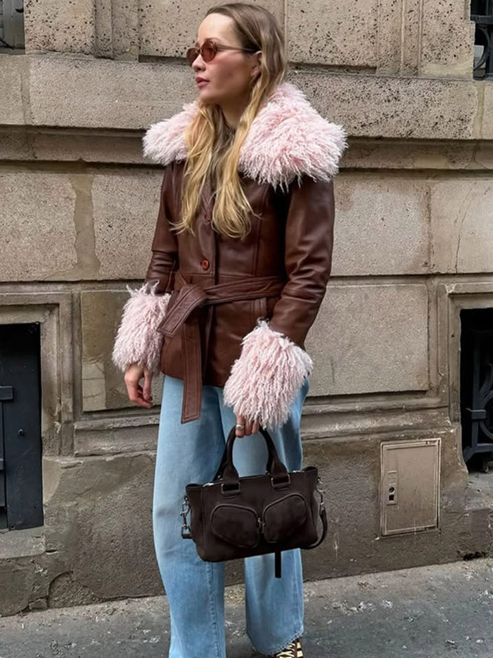 Damen Taillierte Lederimitatjacke mit Bindegürtel, opulentem abnehmbarem Faux-Fur-Schalkragen und Fellmanschetten Drune