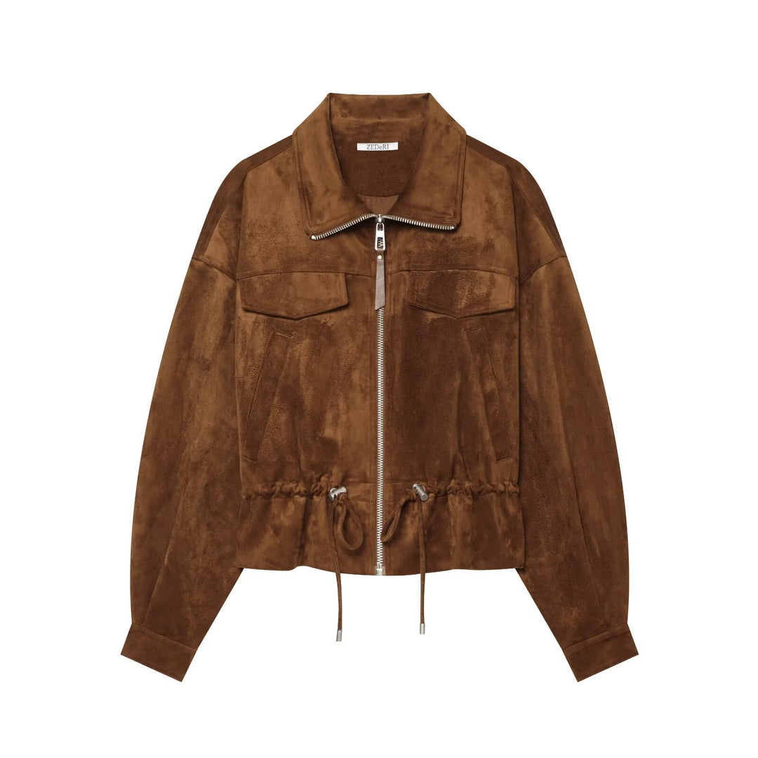 Damen Veloursleder-Optik Bomberjacke mit Tunnelzug und Brustklappen Drune