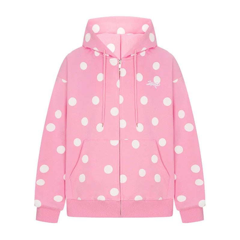 Damen Kapuzen-Sweatjacke mit durchgehendem Reißverschluss, Oversize-Schnitt und Polka-Dot-Print Drune