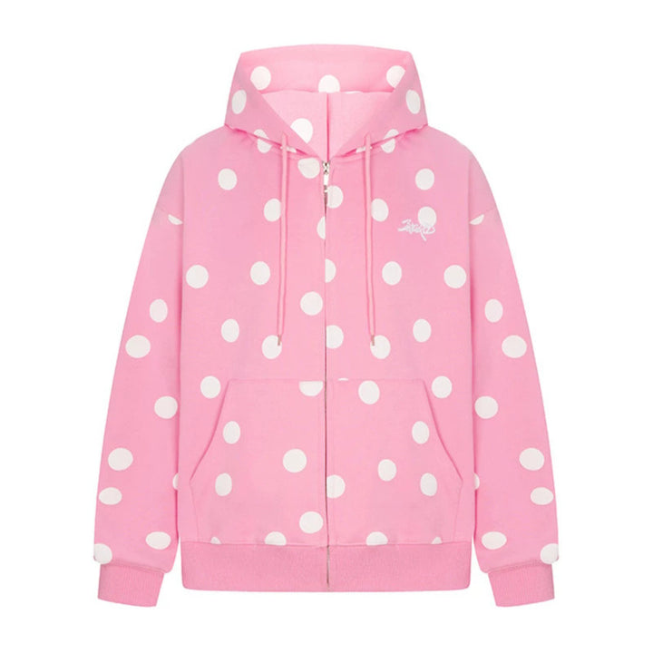 Damen Kapuzen-Sweatjacke mit durchgehendem Reißverschluss, Oversize-Schnitt und Polka-Dot-Print Drune