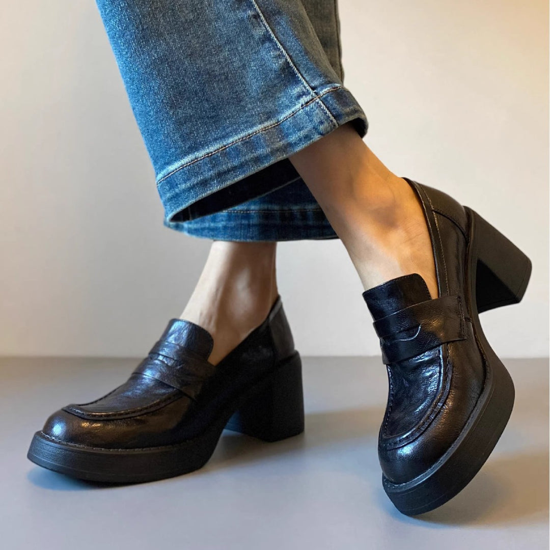 Damen Hochabsatz-Pennyloafer mit massivem Blockabsatz und profilierter Sohle Drune