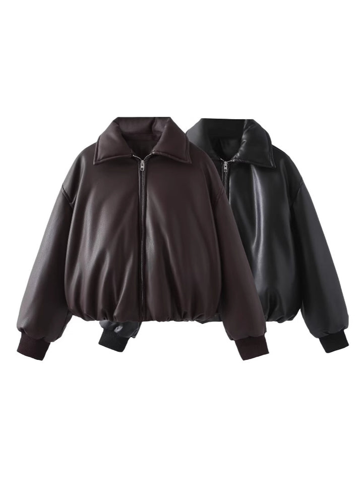 Damen Steppjacke aus Kunstleder mit hohem Kragen und elastischem Bündchen Drune