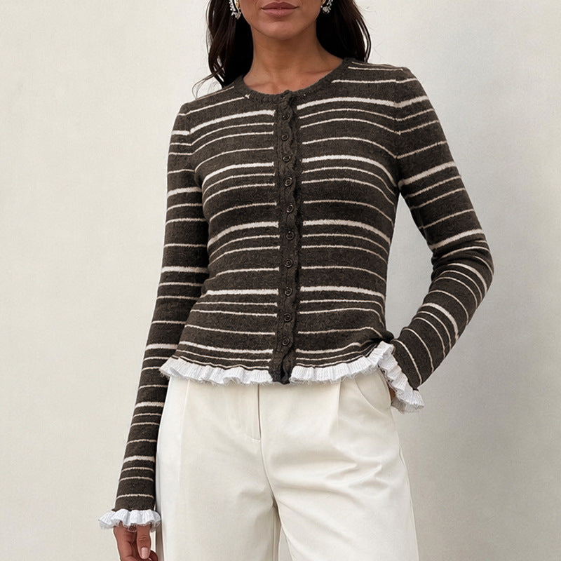 Damen Feinstrick-Buttoncardigan mit Streifen, Rüschenbesatz & taillierter Passform Drune
