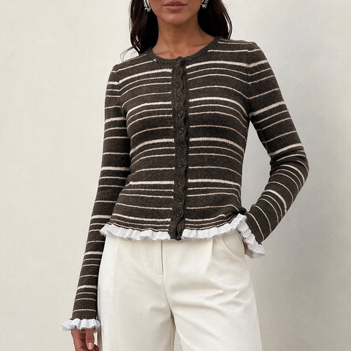 Damen Feinstrick-Buttoncardigan mit Streifen, Rüschenbesatz & taillierter Passform Drune