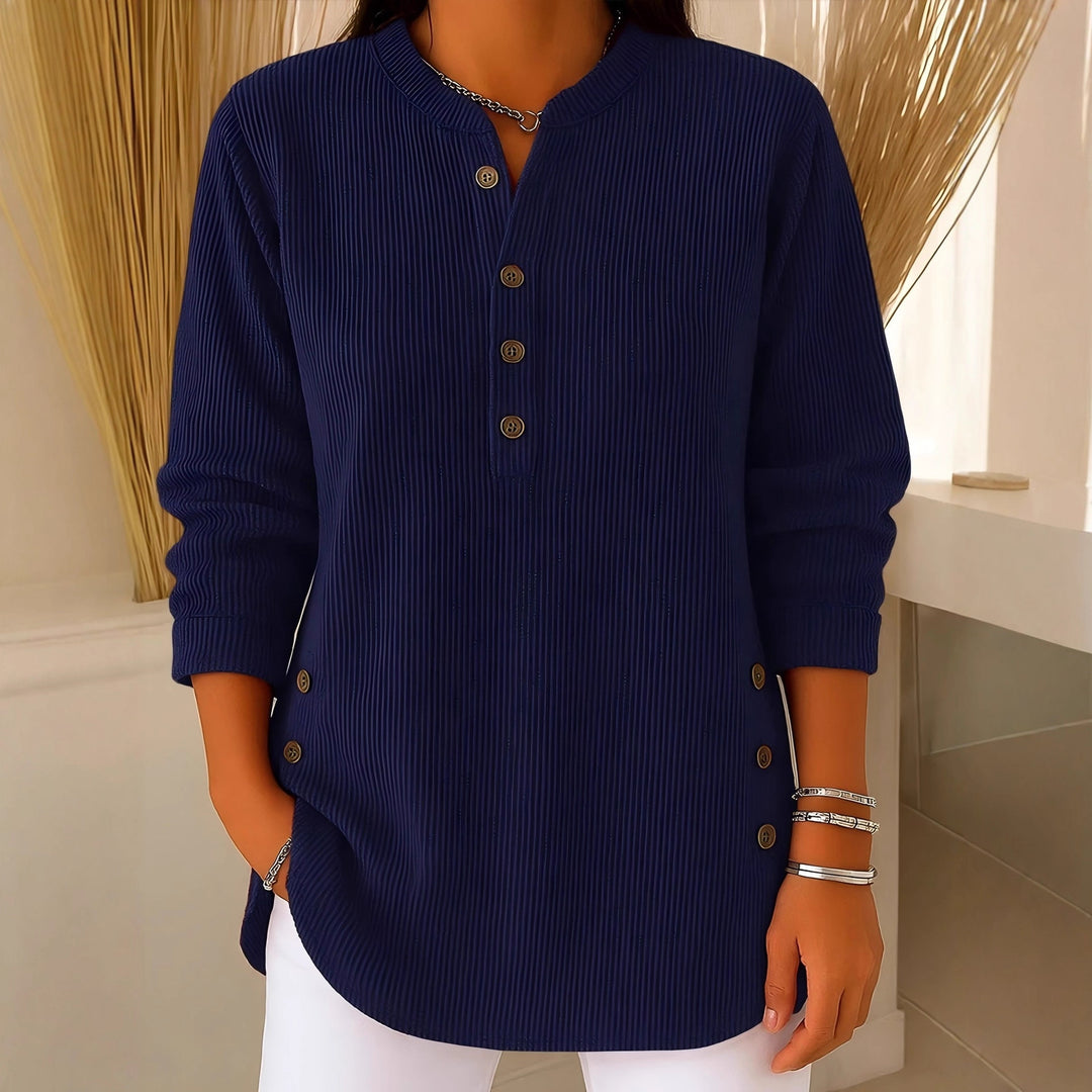Damen nan plissee Tunika-Bluse mit Stehkragen, Knopfleiste und seitlichen Zierknöpfen Drune