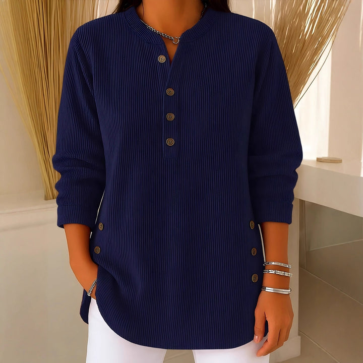 Damen nan plissee Tunika-Bluse mit Stehkragen, Knopfleiste und seitlichen Zierknöpfen Drune