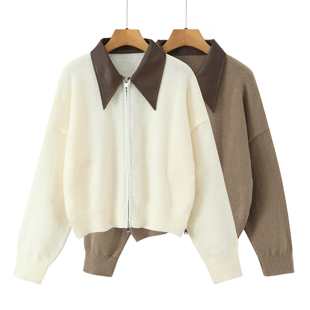 Damen 10+ Oversize Strickjacke mit Zweiwege‑Reißverschluss und spitzem Kontrastkragen Drune