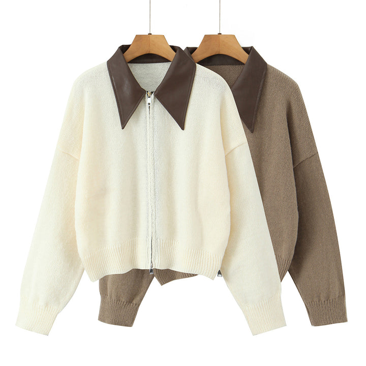 Damen 10+ Oversize Strickjacke mit Zweiwege‑Reißverschluss und spitzem Kontrastkragen Drune