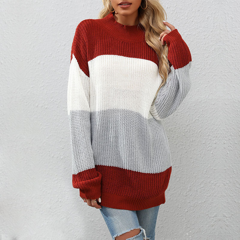 Damen Strickpullover mit Blockstreifen und Stehkragen Drune