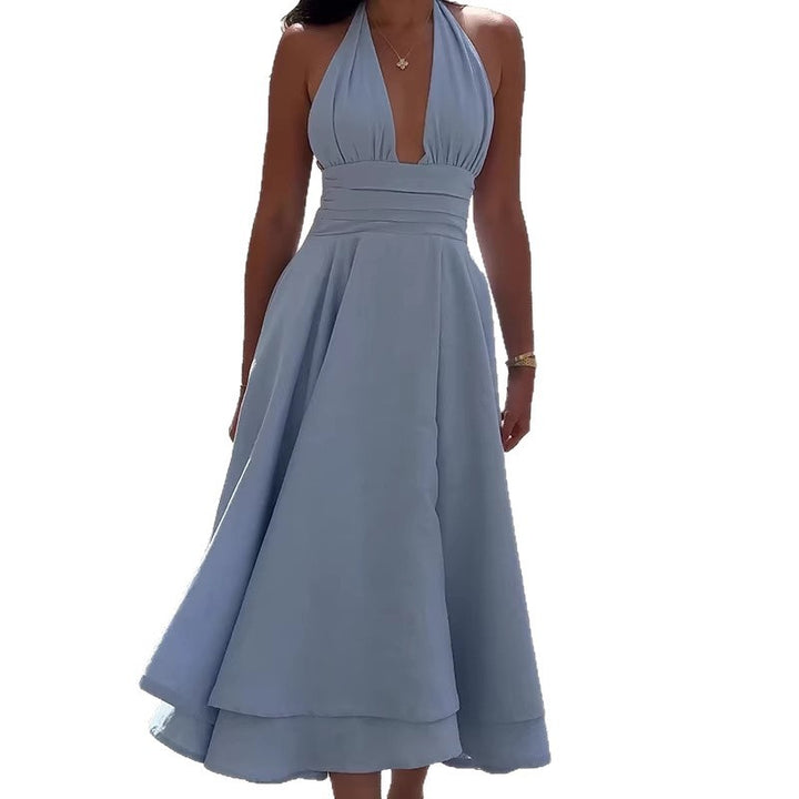 Damen elegantes Midikleid mit tiefem V-Ausschnitt und Fließendem Rock Drune