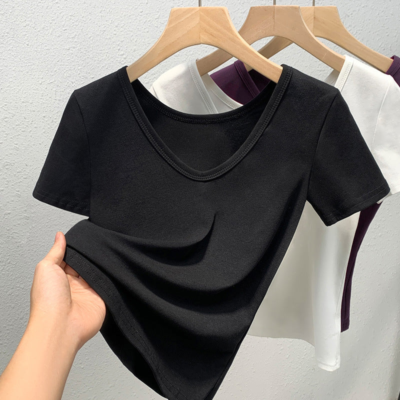 Damen V-Ausschnitt Basic T-Shirt aus weichem Stretchmaterial mit figurbetonter Passform Drune
