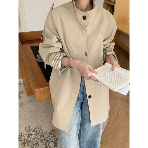 Damen Oversize-Mantel mit Stehkragen und kariertem Ärmelsaum Drune