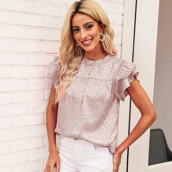 Damen Satinbluse mit Jacquard-Leoprint und gestuften Plissee-Volantärmeln Drune
