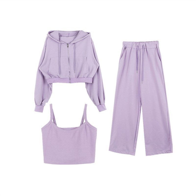 Damen modisches Drei-Teiliges Set mit cropped Hoodie, Tanktop und weiten Hosen Drune