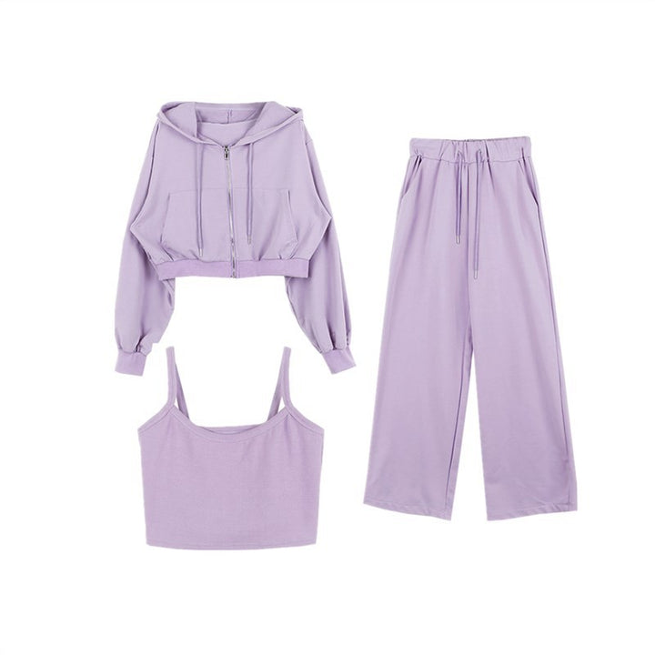 Damen modisches Drei-Teiliges Set mit cropped Hoodie, Tanktop und weiten Hosen Drune