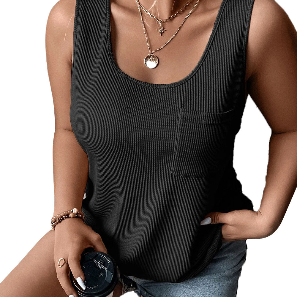 Damen lockeres Knoten-Tanktop mit breiten Trägern und Brusttasche Drune