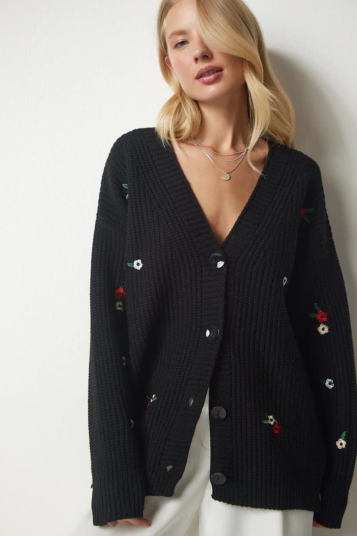 Damen Strickcardigan mit floralen Stickereien Drune