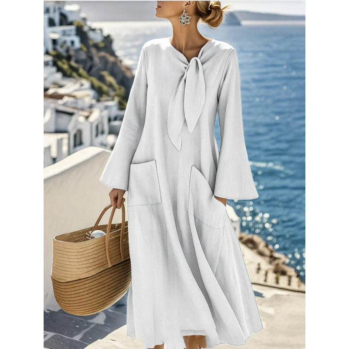 Damen Leichtes Maxikleid mit Bindeschleife, Glockenärmeln und aufgesetzten Taschen Drune
