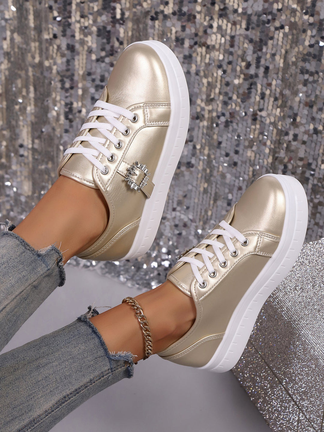Damen modische Plateausneakers aus hochwertigem mit dekorativem Kristallbesatz Drune
